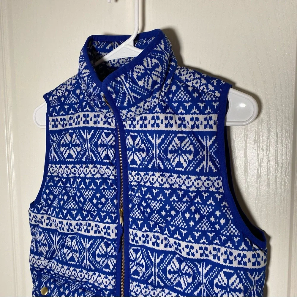J. CREW Puffer Down Vest Women's XS Blue Fair Isle Waterfowl Feather Cabincore